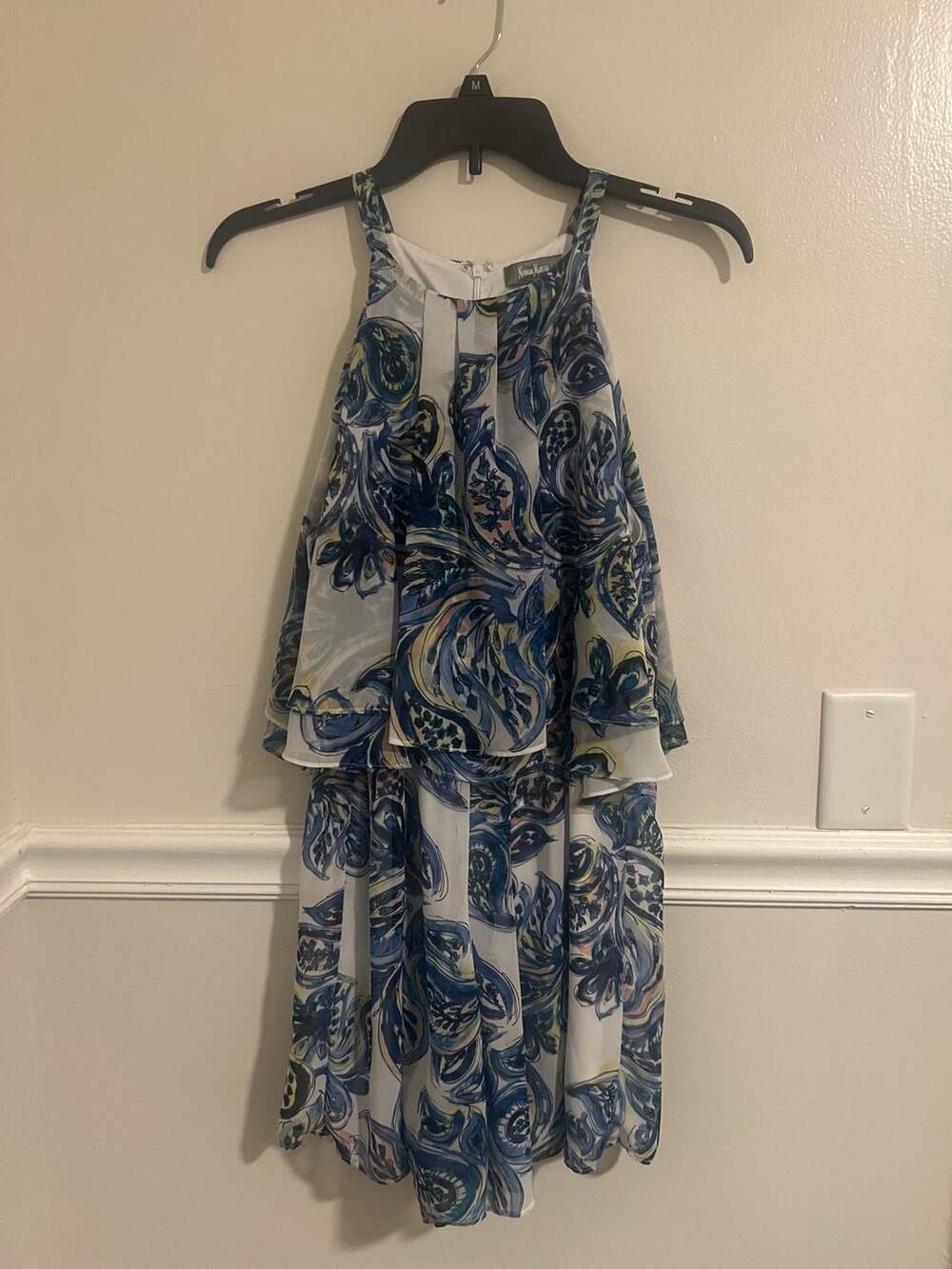 Neiman Marcus Blue Paisley Print Tiered Popover Halter Dress Size 8